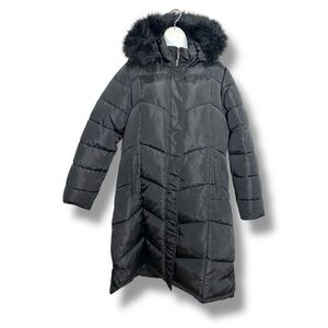 Big Chill Women's Faux Memory Chevron Quilted Maxi Coat With Faux Fur Hood